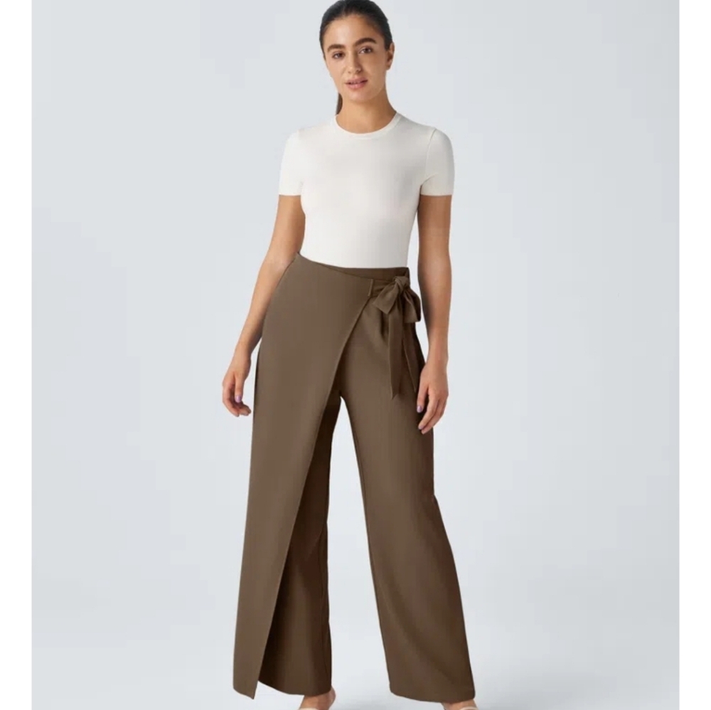 HALARA Flex High Waisted Tie Side Wide Leg Wrap Pants, color Teak, size M